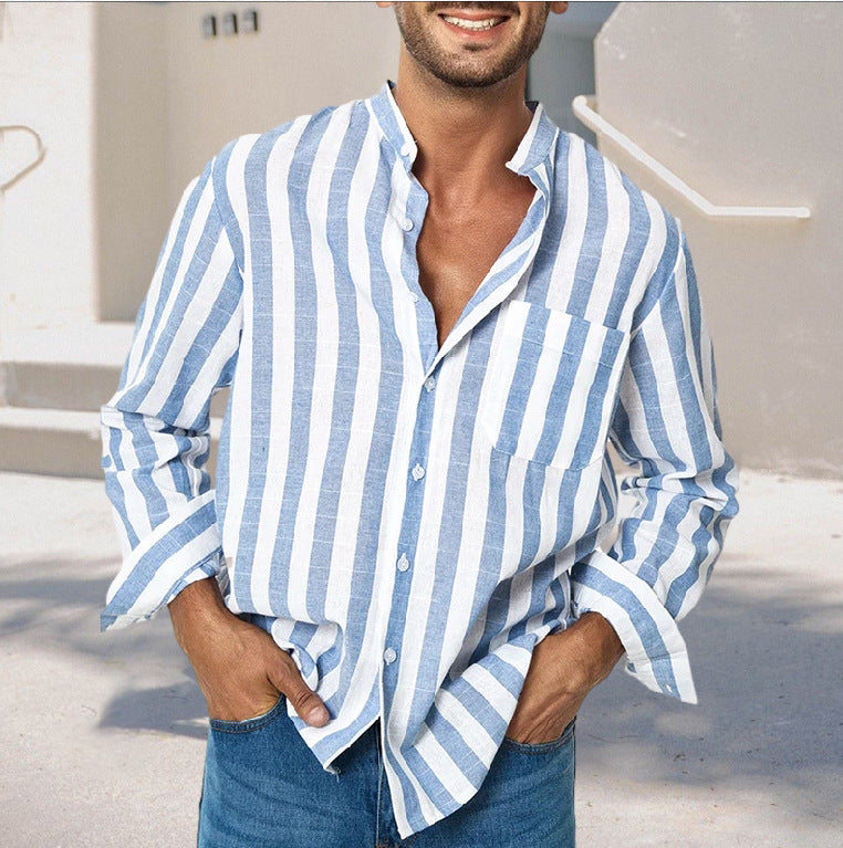 Spring and Autumn Men's Striped Linen Shirt