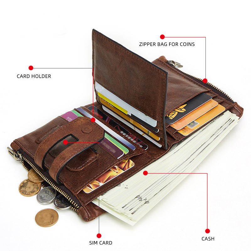 Casual fashion double zipper multi card slot retro coin purse men's genuine leather wallet