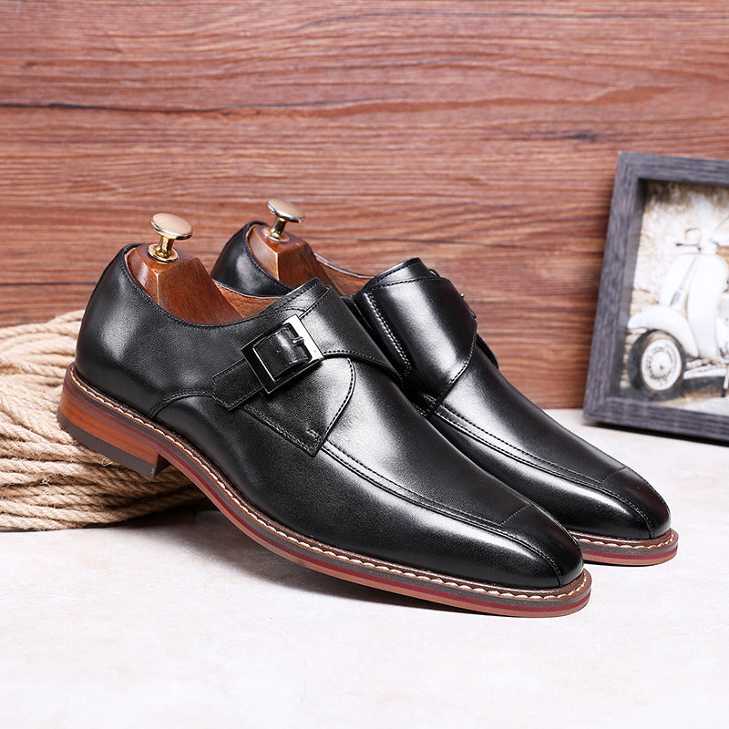 Leather Business Formal Square Toe Buckle Casual Monk Shoes