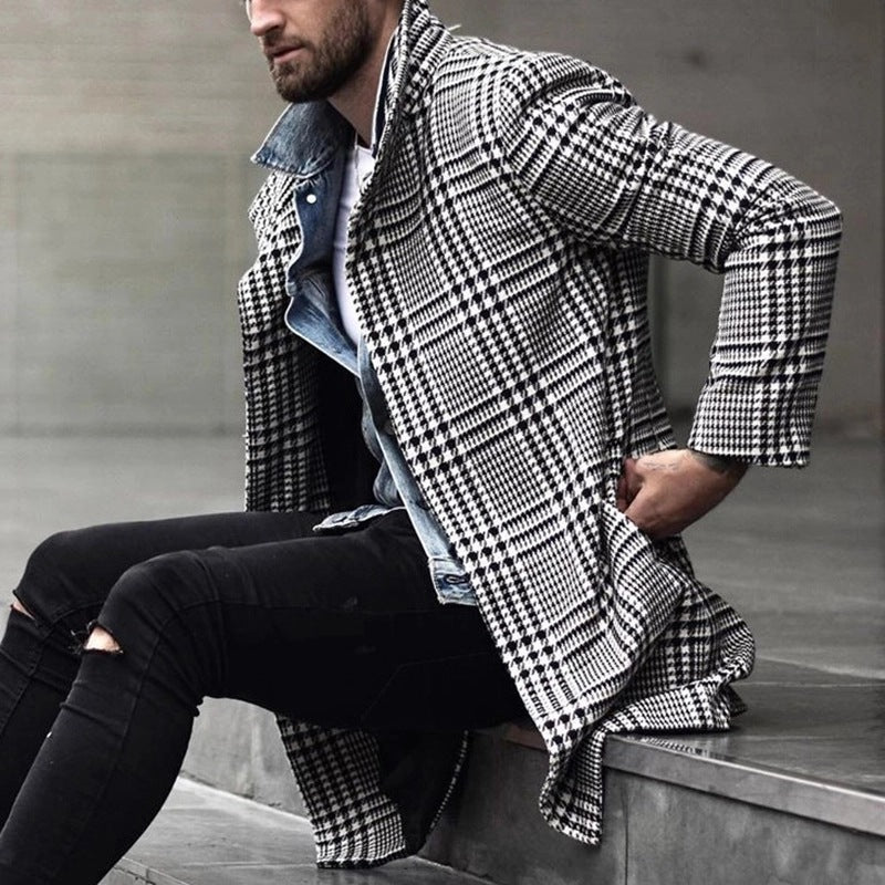 Stylish plaid lapel single-breasted midi coat