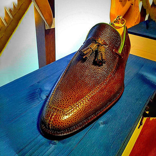 Handmade brown high-end leather tassel loafers leather shoes