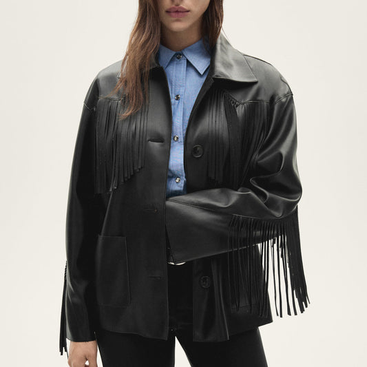 Leather-effect fringed overshirt 1024112910