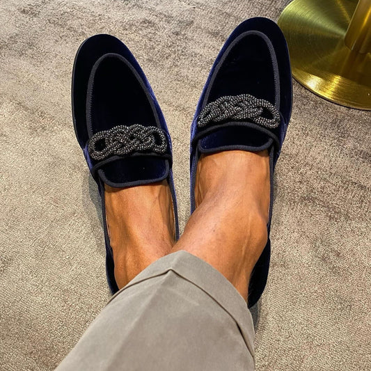 New blue suede fringed slip-ons