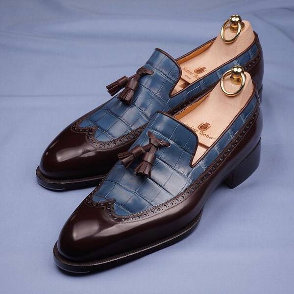 Handmade blue and black double fringed loafers