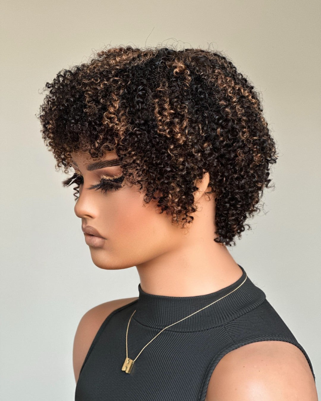 Blonde Highlights Afro Curls Light Weight Glueless Short Wig