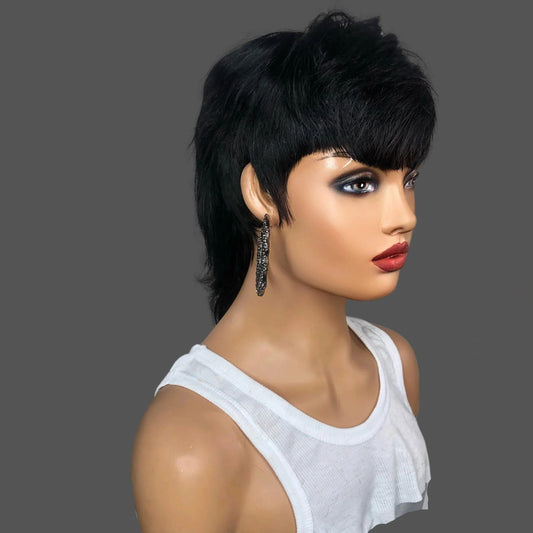 Short Glueless Mullet Wigs For Women Girls 80s 90s Human Hair Natrual Black