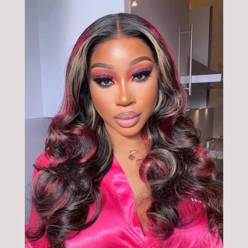 13x4 Lace Frontal Burgundy With Dark Golden Highlight Body Wavy Wig