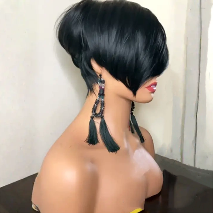 Peluca de cabello humano con flequillo largo y corte Pixie corto sin pegamento 