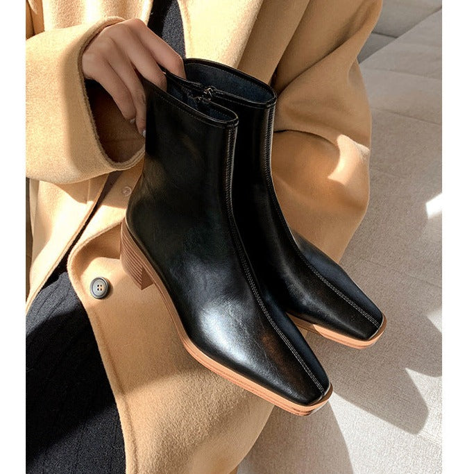 Vintage Brown Square Toe Chunky Heel Booties