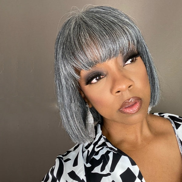 Salt And Pepper Grey Bob With Bangs Glueless Wig