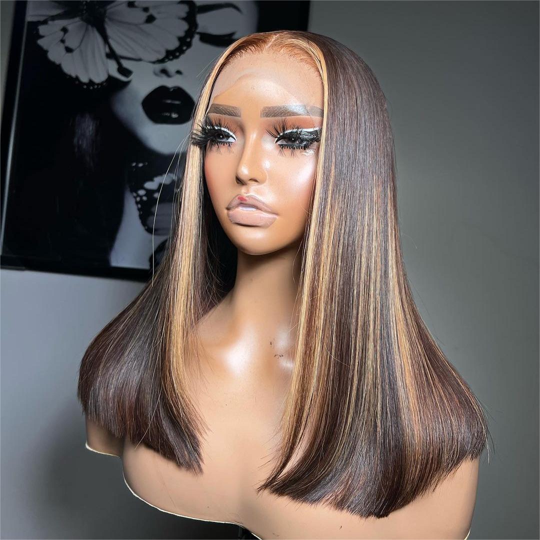 5x5 lace closure brown highlights straight hair wig