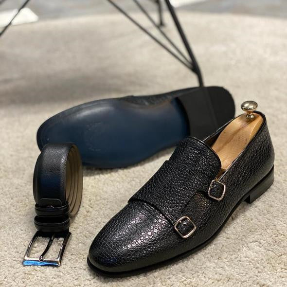 BLACK DOUBLE BUCKLE CLASSIC LOAFERS