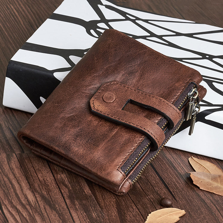 Casual fashion double zipper multi card slot retro coin purse men's genuine leather wallet