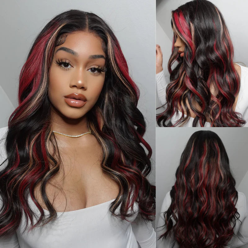 Burgundy With Blonde Highlights Body Wavy Wig