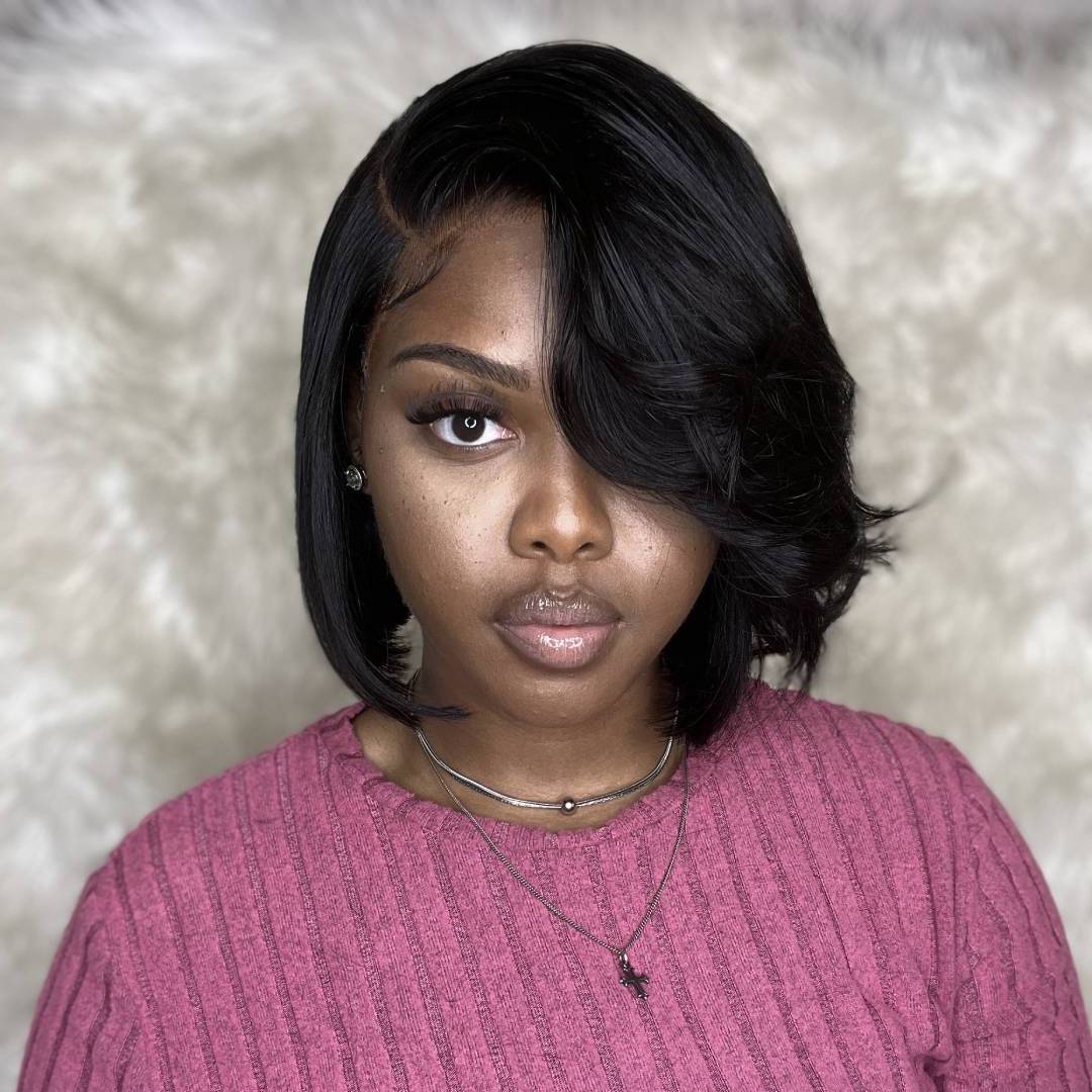 Invisible Lace Closure Side Parted Layered Bob Wig