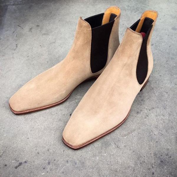 Handmade Men Beige Suede Ankle High Chelsea Boots