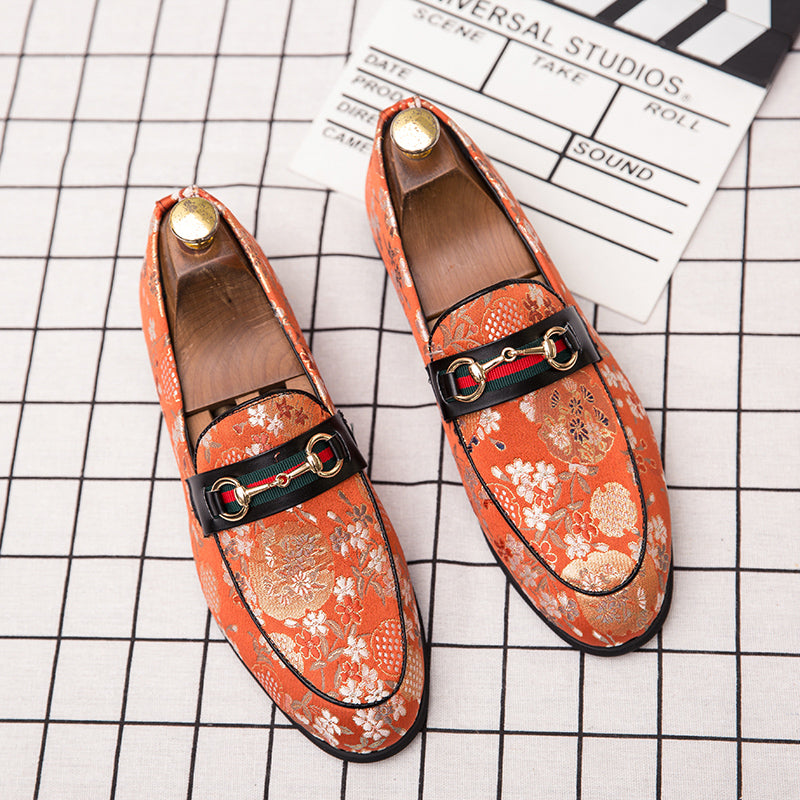 Flower Print Buckle Men Slip On Shoes