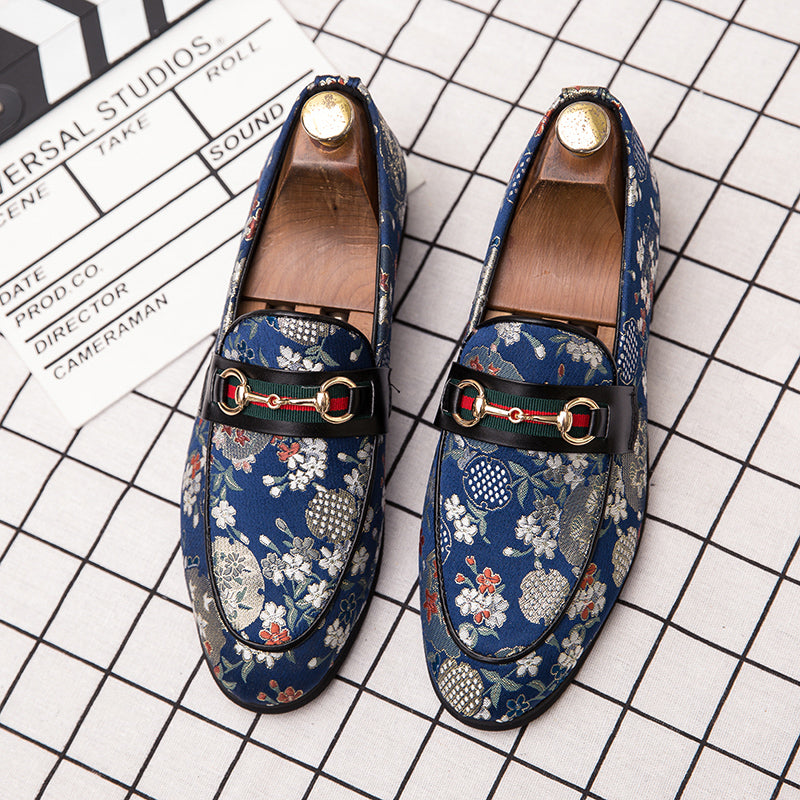 Flower Print Buckle Men Slip On Shoes