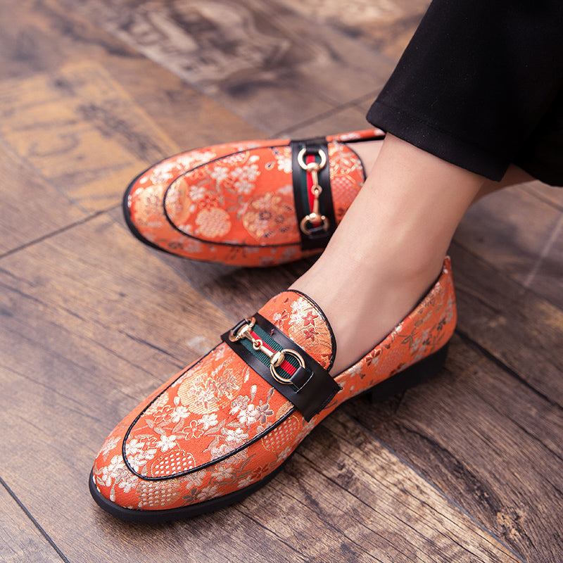 Flower Print Buckle Men Slip On Shoes