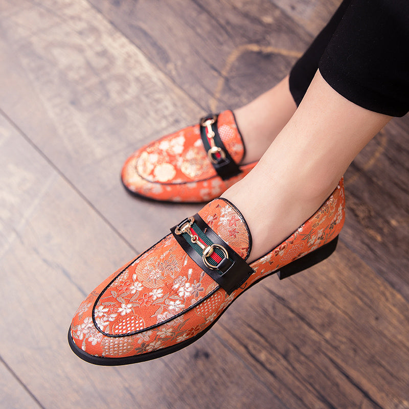 Flower Print Buckle Men Slip On Shoes