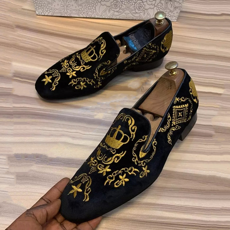 Black Loafers Gold Embroidered Comfort Slip-Ons