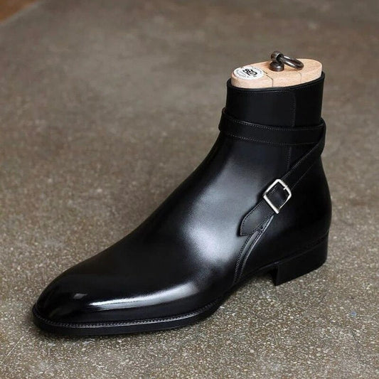 Men_s Handmade PU Black Buckle Short Boots