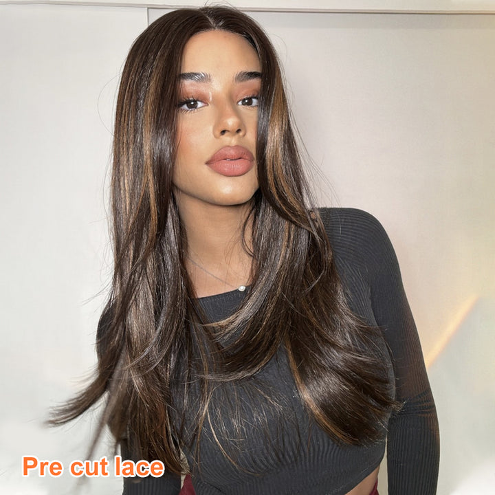 Layered Silky Straight Black Mixed Brown 5X5 Precut Lace Closure Wig