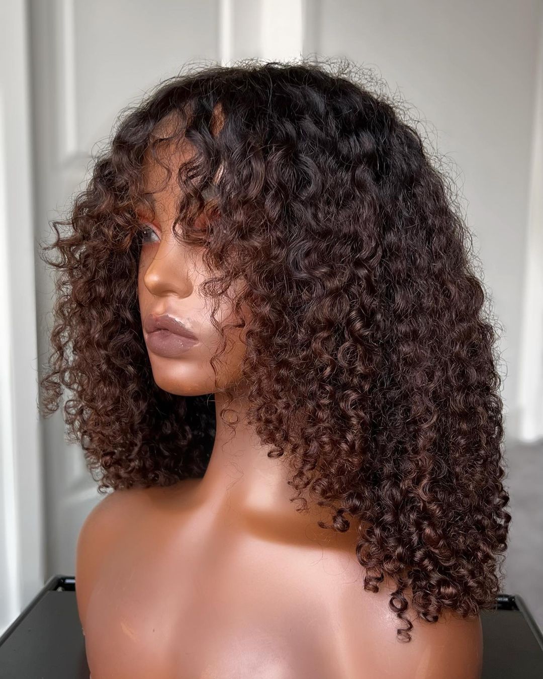 Coffee Brown Bangs Curly 5x5 Lace Closure Wig