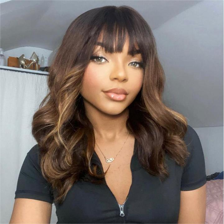 Ombre Chestnut Brown Layered Curtain Bangs 5x5 Lace Closure Body Wave Wig