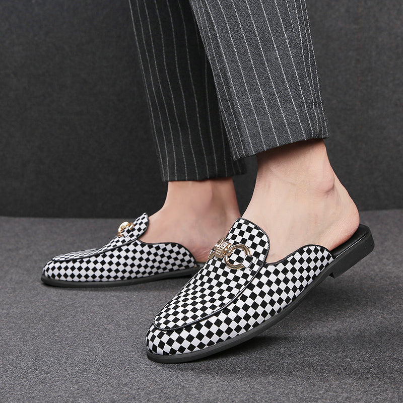 Casual Black White Check Print Men Slip On Shoe