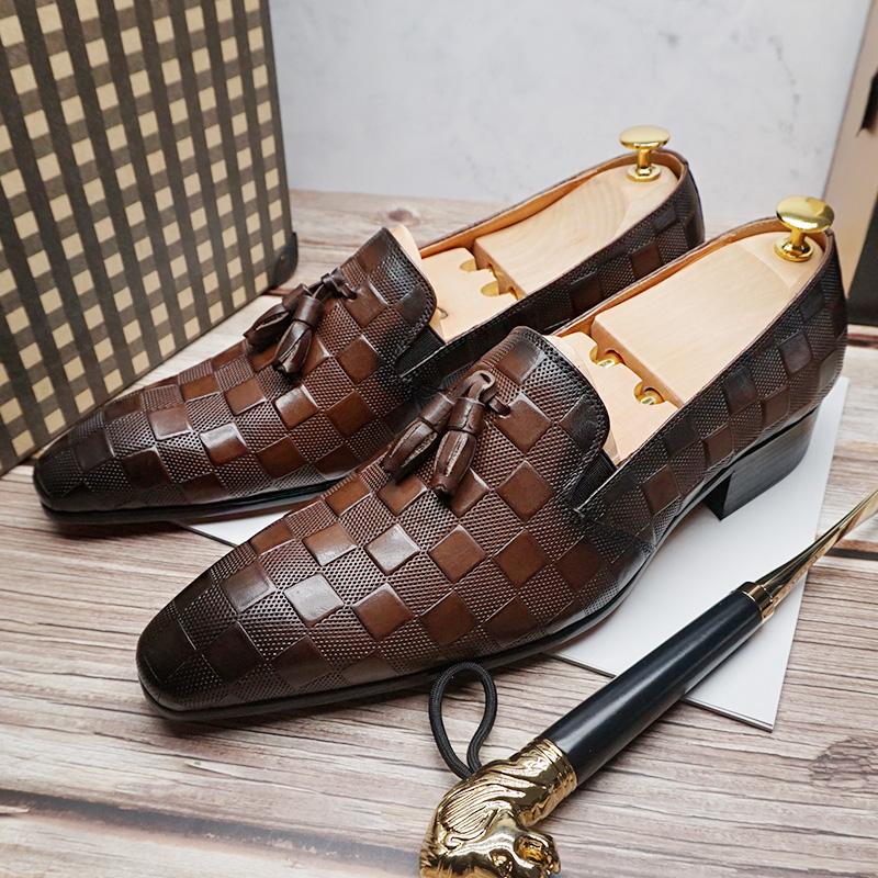 Italian leather men's dress shoes casual shoes black brown plaid print non-slip wedding office tassel loafers men's shoes