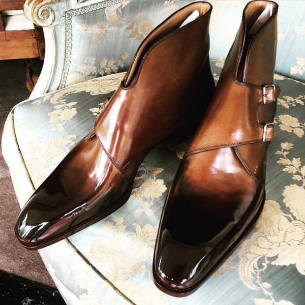 Italian men's hand-made brown and black leather boots with two buttons