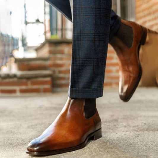 Italian handmade men's brown and yellow classic Chelsea boots