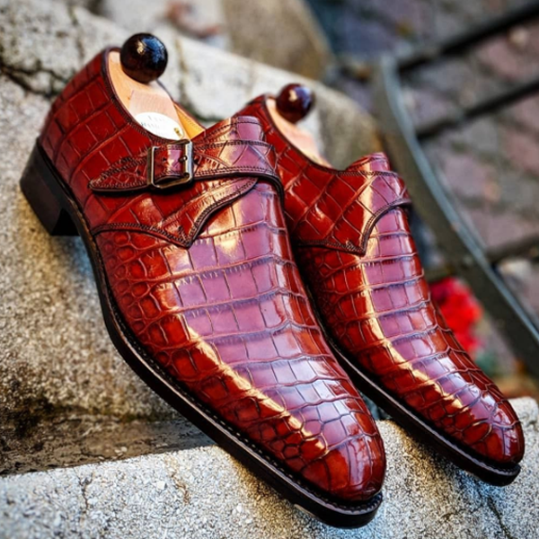 HANDMADE WINE RED CROCODILE PATTERN SIDE BUCKLE SLIPON MONK DRESS SHOES