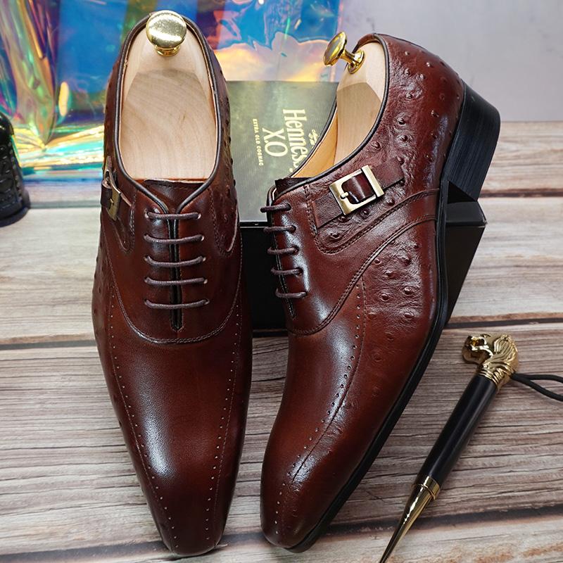 Italian Oxford Men Dress Shoes Brown Calfskin Black Ostrich Leather Prints Pointed Toe Lace Up Wedding Office Formal Shoes