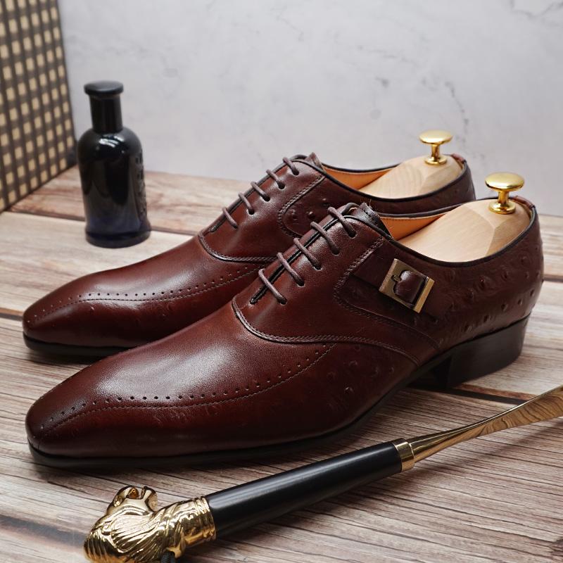 Italian Oxford Men Dress Shoes Brown Calfskin Black Ostrich Leather Prints Pointed Toe Lace Up Wedding Office Formal Shoes