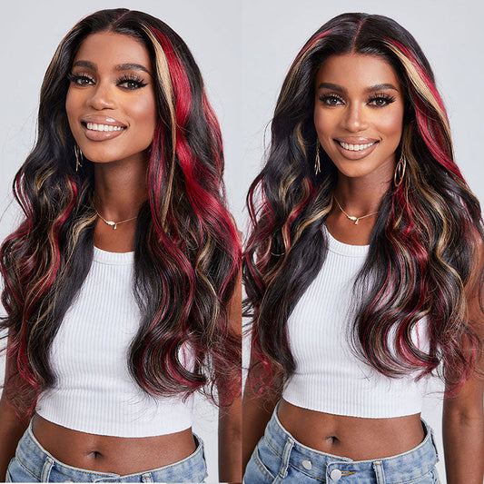 Burgundy With Blonde Highlights Body Wavy Wig