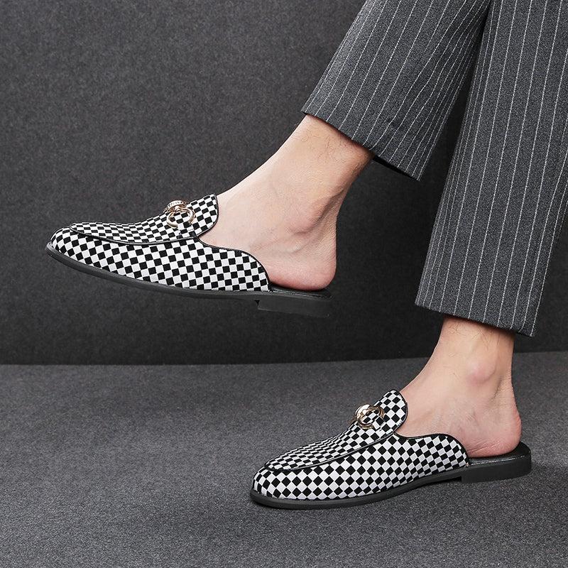 Casual Black White Check Print Men Slip On Shoe