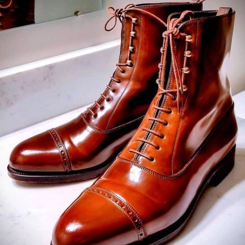 New Men Shoes Handmade Brown PU Boots