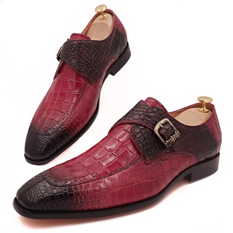 Luxury Brand Men Casual Shoes Genuine Leather Mens Dress Shoes Red Black Monk Crocodile Pattern Strap Split Toe Loafers Men Shoes