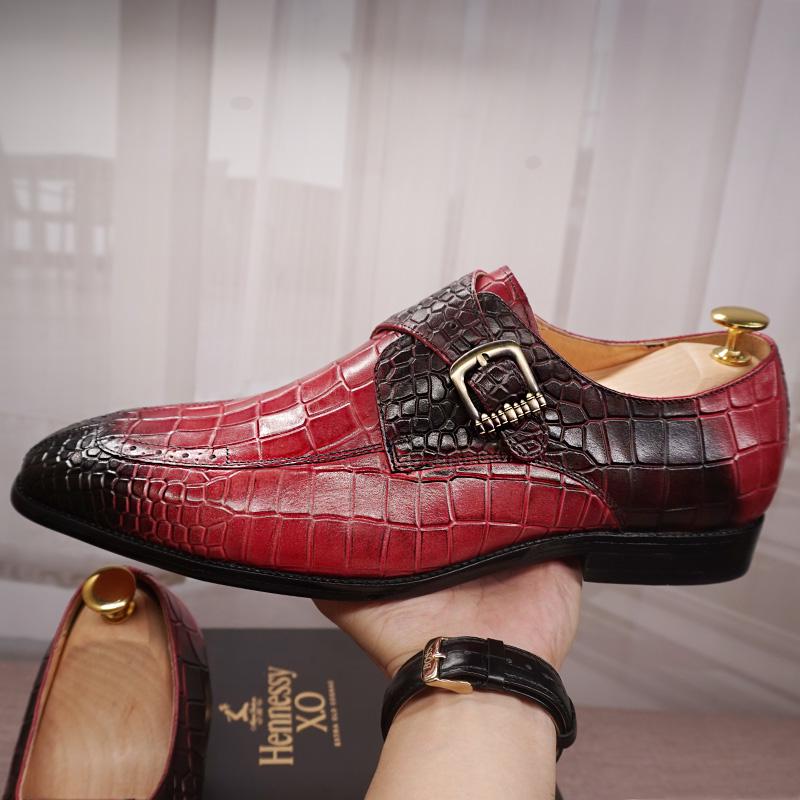 Luxury Brand Men Casual Shoes Genuine Leather Mens Dress Shoes Red Black Monk Crocodile Pattern Strap Split Toe Loafers Men Shoes