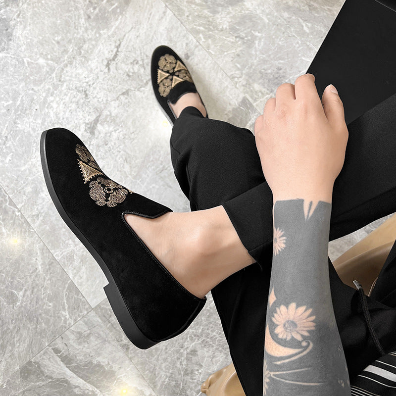 Suede Black Gold Embroidery Slip On Shoes