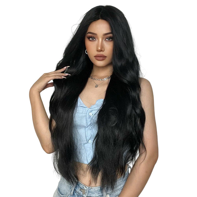 Wig women's center parted long curly hair black 1924121201