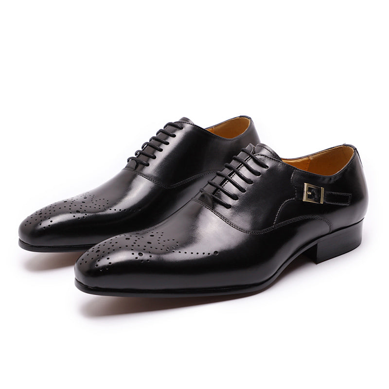 Round toe simple brogue lace-up single-buckle oxford Shoes（3colors）