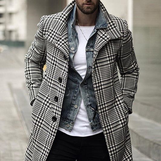 Stylish plaid lapel single-breasted midi coat