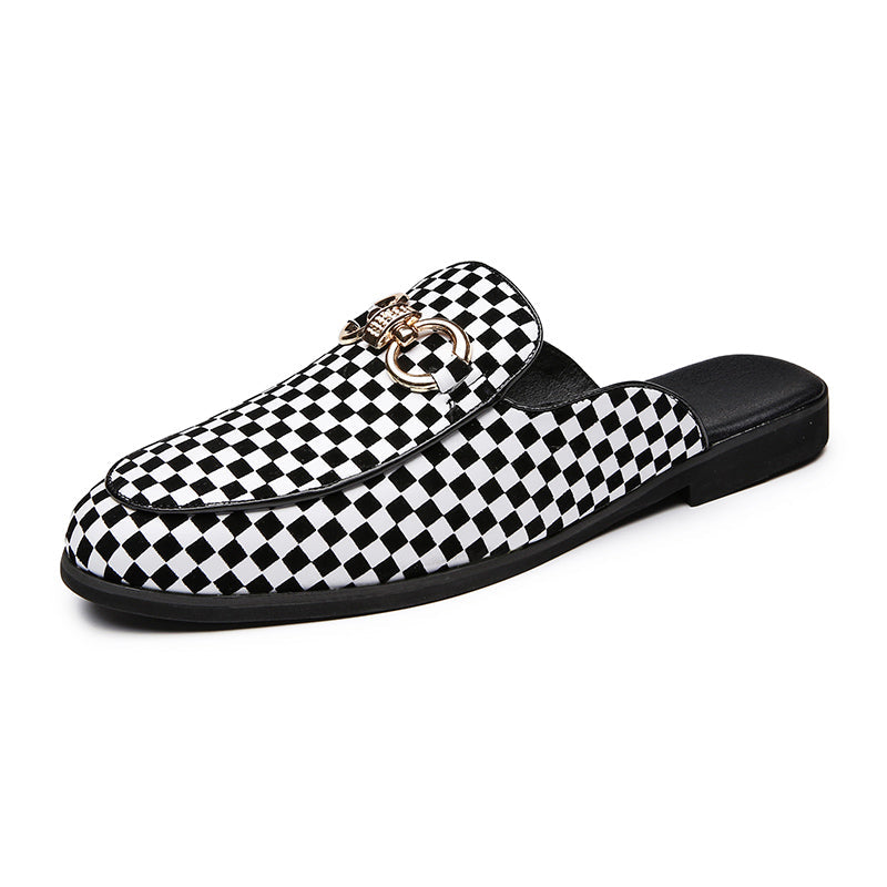 Casual Black White Check Print Men Slip On Shoe