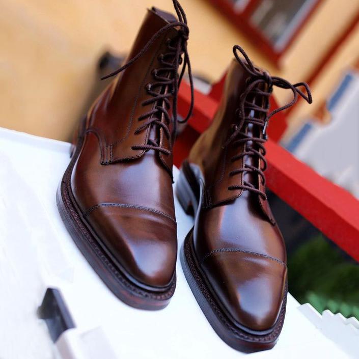 Handmade Men Brown Lace Up Ankle Leather Boots