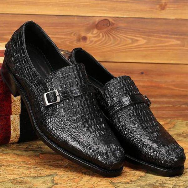 Pure black noble pattern monk men's leather shoes