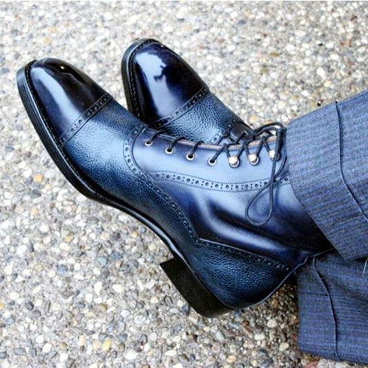 Blue Leather Cap Toe Dress Boots For Men's