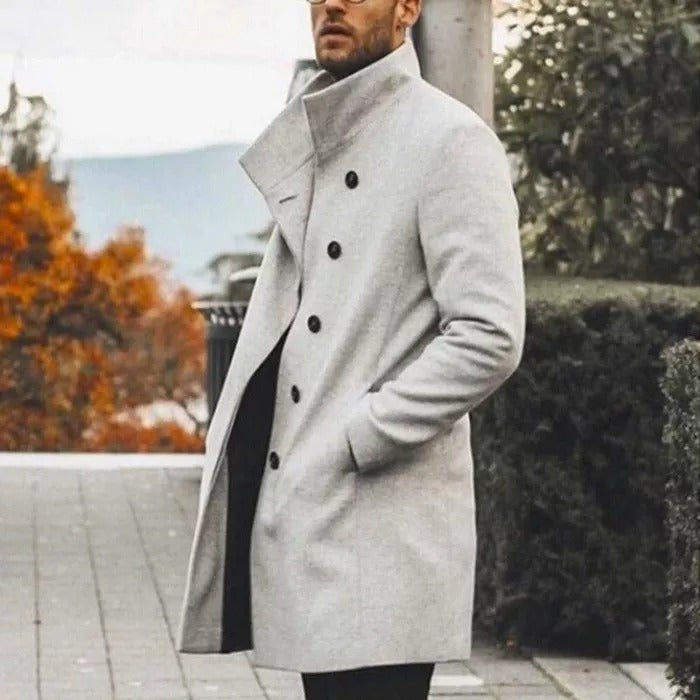 Autumn Mens Brand Treanch Coats Stand Fashion Long Jacket Overcoat Casual Solid Slim Pocket Coats Black White Outwear